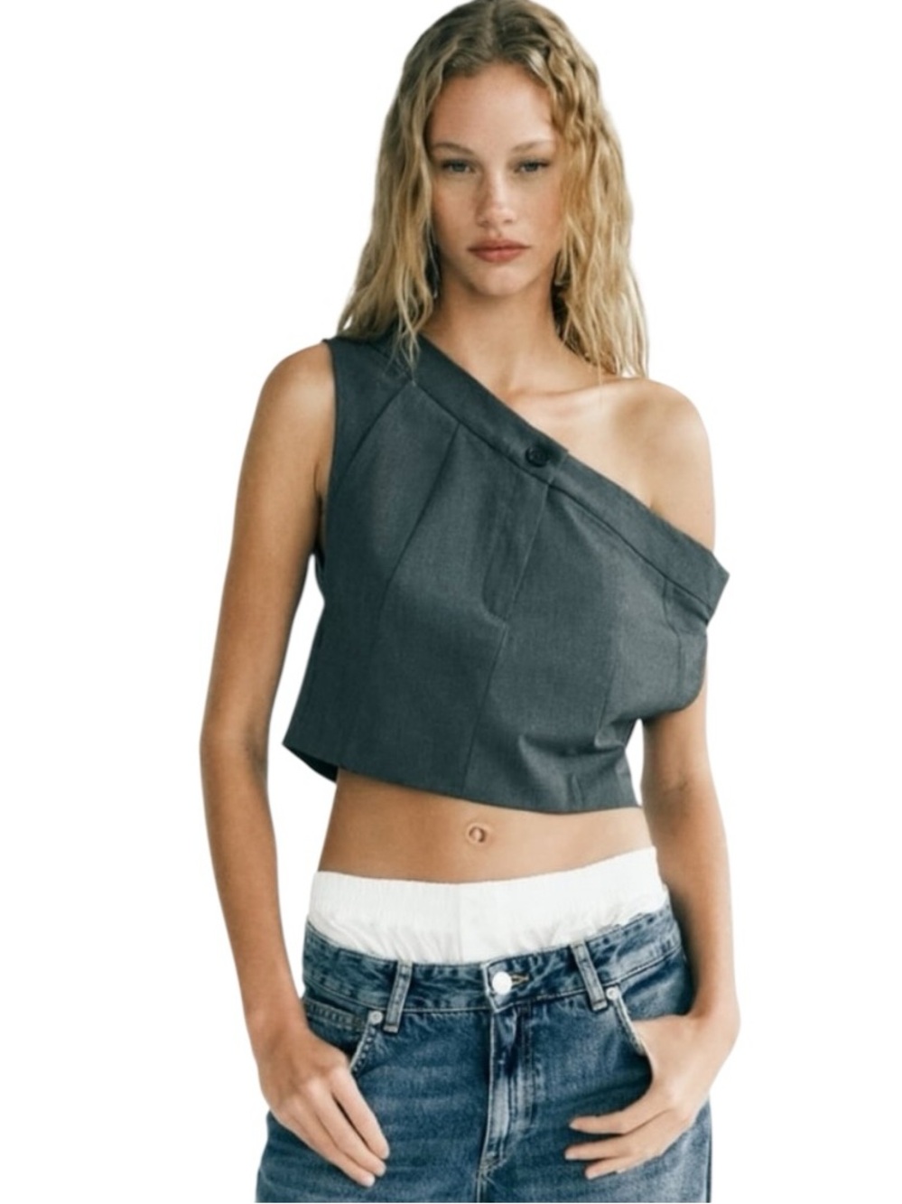 Zara One-Shoulder Crop Top in Charcoal Gray NWT
